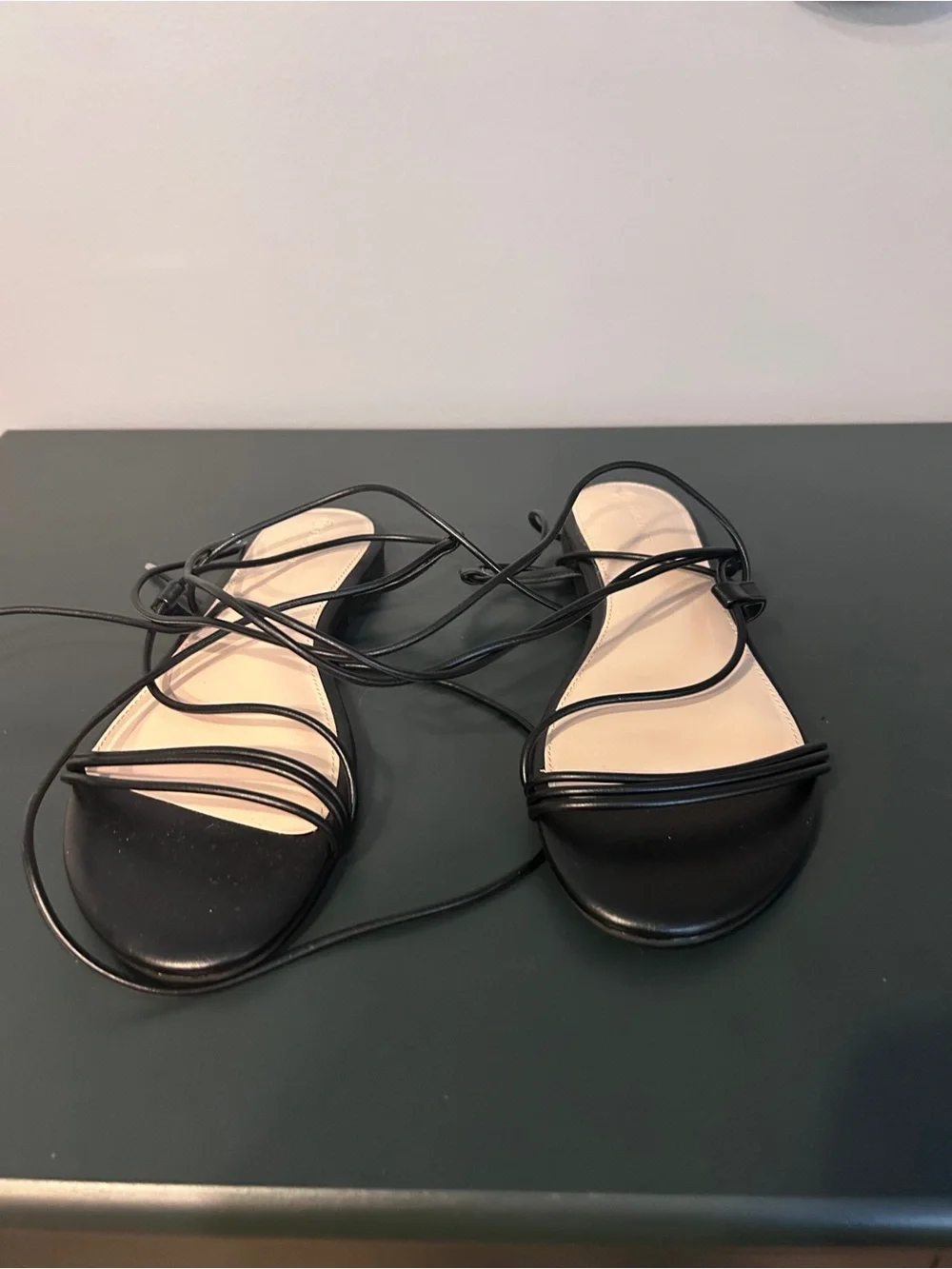 Women's Black Lace-Up Strappy Flat Sandals
